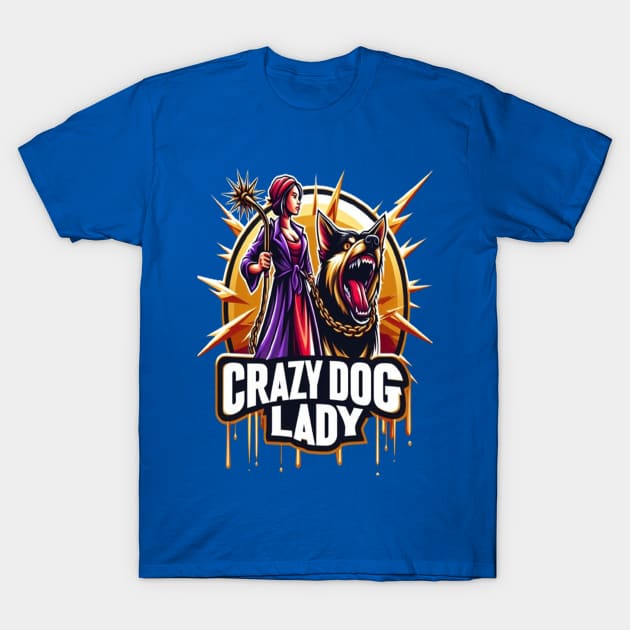 Crazy Dog Lady Emblem Featuring a Fierce Woman and Her Guard Dog T-Shirt by coollooks